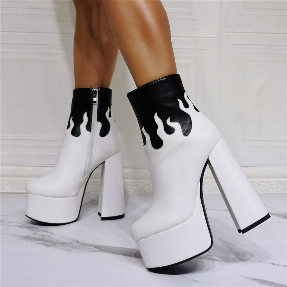 White and black Gothic Water Stage Flame Thick Heel Fashion Super High Heel Plus Size 47 Women's Short Boots by Maramalive™ featuring a vibrant color scheme and striking design.
