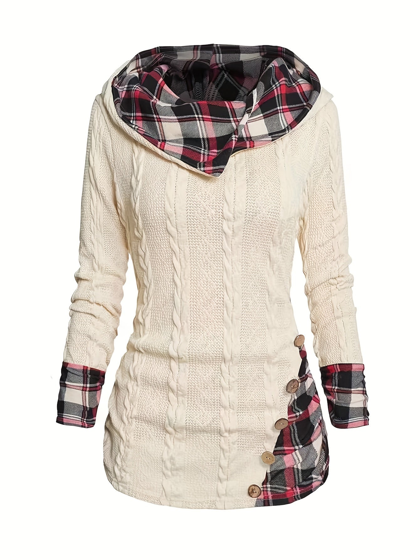 A Maramalive™ Plus Size Casual Top, Women's Plus Colorblock Plaid Print Cable Button Decor Long Sleeve Hoodie.