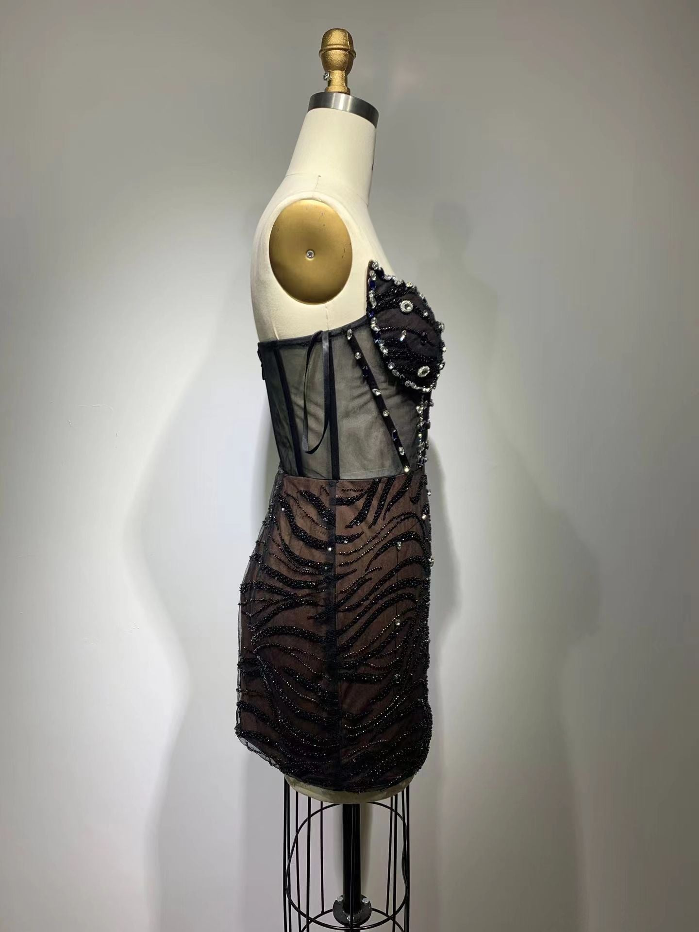 Sexy Black Tube Top Off-shoulder Slimming Diamond-studded Fishbone Dress