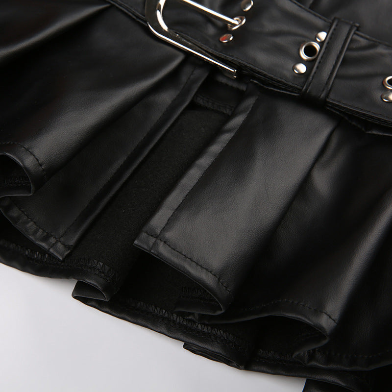 Dark Style Rivet Wide Belt Split Leather Summer Hot Girl Low Waist Skirt