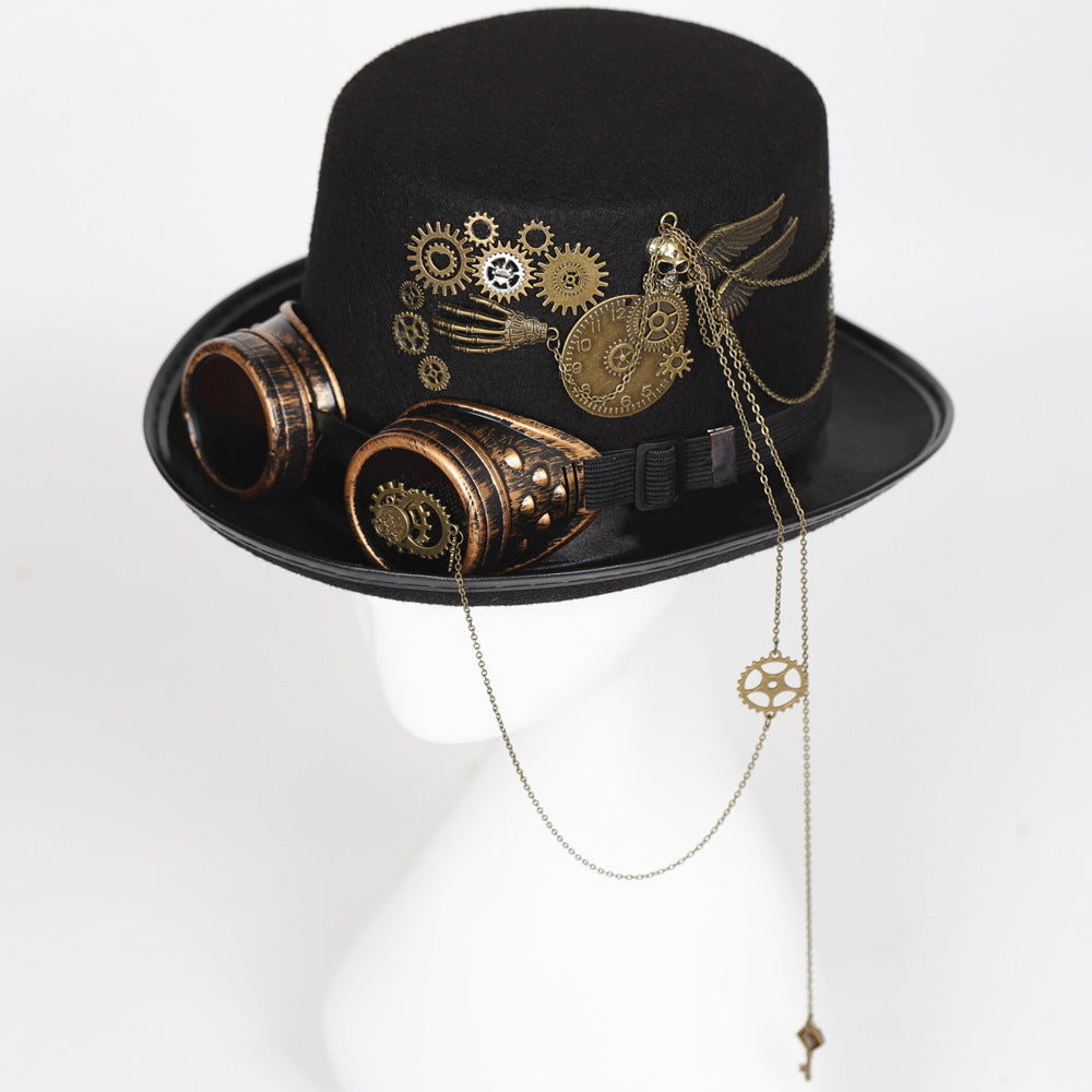 A mannequin with a Gear Goth Glasses Retro Steampunk Topper top hat and goggles by Maramalive™.