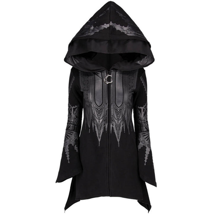 A Maramalive™ Halloween Cosplay Hoodie Women's Punk Black Long Hooded Printed Sweater with a front zipper, featuring intricate gray patterns on the chest and sleeves, crafted from durable polyester fabric.