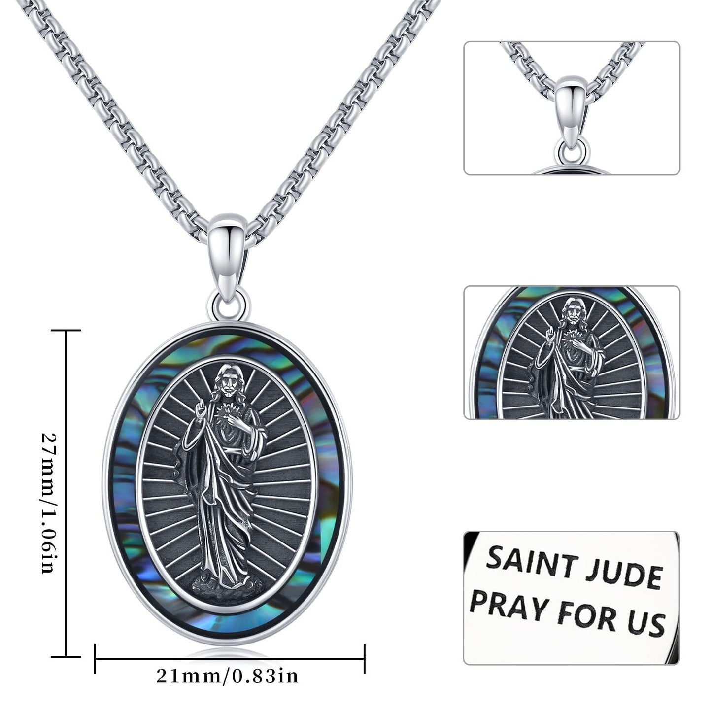 St Jude Necklace Sterling Silver Oval Medal San Judas Tadeo Pendant Necklace Medallion Protection Necklace Catholic Jewelry Gift for Men