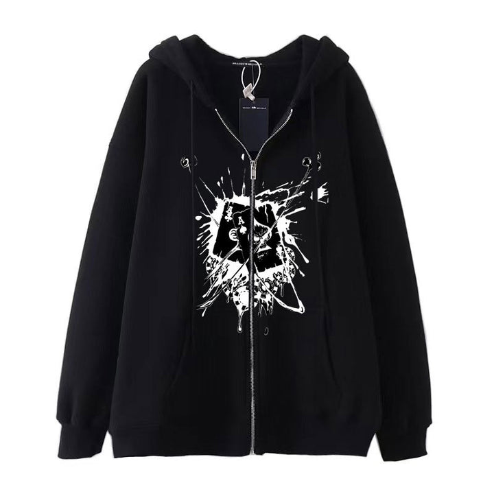A black zip-up hoodie featuring a white splatter design on the front, with a hood, strings, and a tag attached to the zipper. This piece of Maramalive™ Dark Gothic Skull Sweatshirt: Unique Design for Edgy Look perfectly blends edgy fashion with everyday comfort.