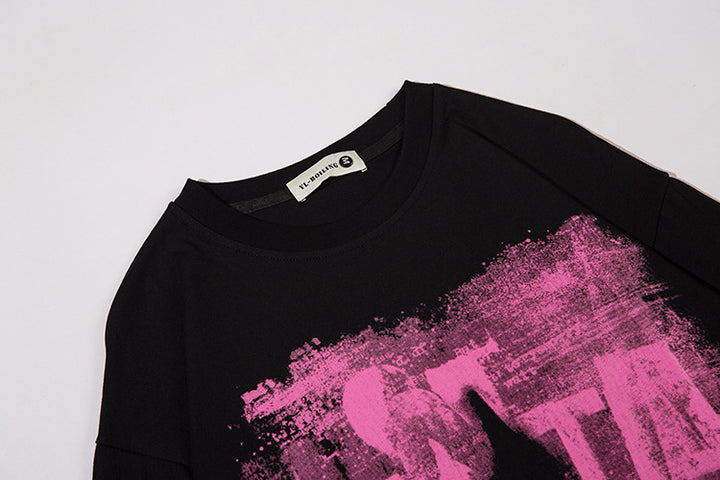 Men's Dark Color Graffiti Printing Long-sleeved T-shirt by Maramalive™ with a pink abstract design across the front, crafted from soft cotton fabric, and a visible tag at the neck. For the perfect fit, refer to our size chart.