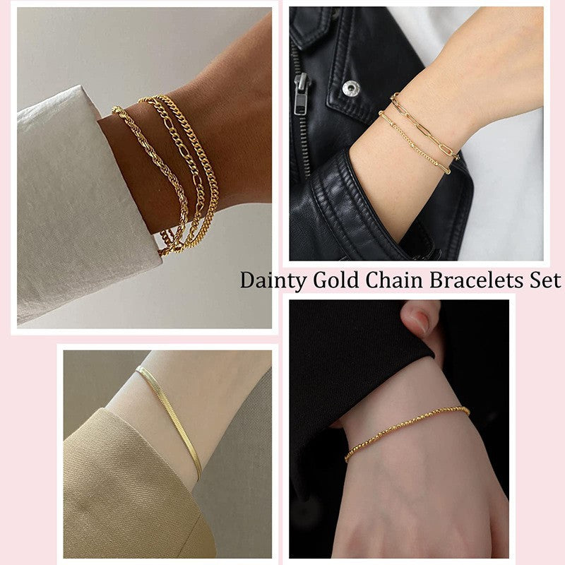 A woman is laying on a bed with three gold-toned metal bracelets, including the Maramalive™ chic herringbone bracelet set - Elevate Your Style.