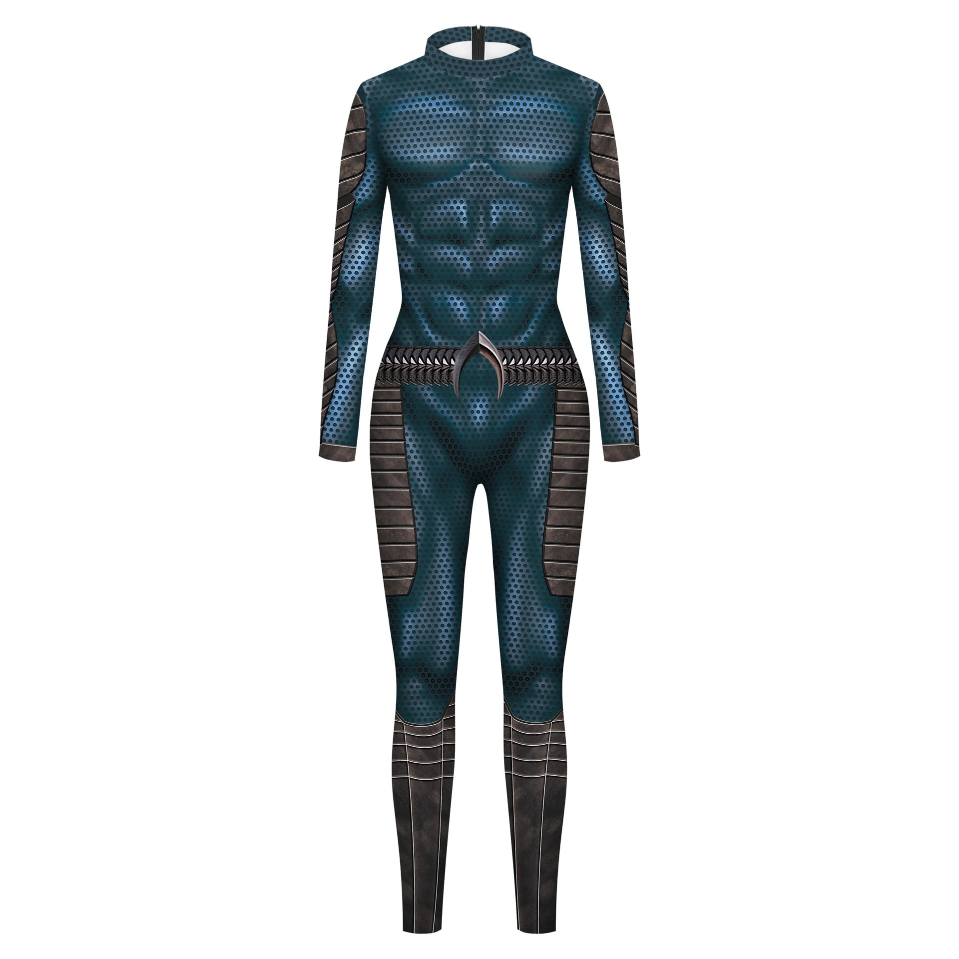 Full-body superhero costume featuring a muscular design with vibrant blue and black patterns, enhanced by digital printing, metallic accents, and a high collar. The suit includes long sleeves and Digital Halloween Costume Leggings - Spooky Tights by Maramalive™—perfect as Halloween costume tights.