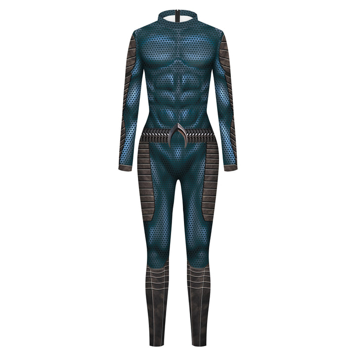 Full-body superhero costume featuring a muscular design with vibrant blue and black patterns, enhanced by digital printing, metallic accents, and a high collar. The suit includes long sleeves and Digital Halloween Costume Leggings - Spooky Tights by Maramalive™—perfect as Halloween costume tights.