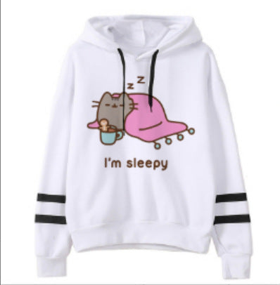 White Maramalive™ Cozy Loose Fit Hoodies for Snug, Comfortable Warmth featuring a graphic of a cute cat asleep with a cup of coffee and the text "I'm sleepy." This cozy and comfortable hoodie has black drawstrings, two black stripes on each sleeve, and is made from soft fleece fabric for a relaxed fit.