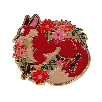 Beautiful Red Fox And Small Wild Flower Brooch