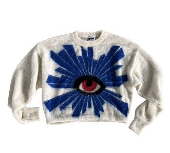 A white, loose-fit sweater featuring a large graphic of an eye in the center with blue radial lines extending outward, perfect for anime enthusiasts. Cozy Anime Couples: Loose Sweaters for Relaxed Duos by Maramalive™.