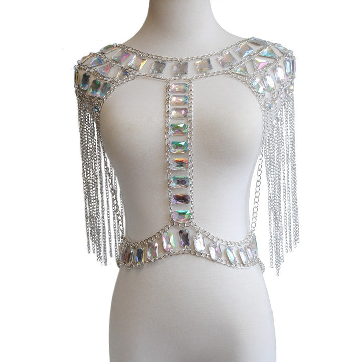 A Maramalive™ mannequin with a Gold Glitter Gemstone Backpack Chain.