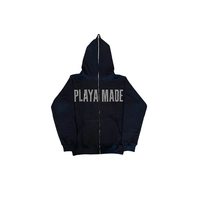 A dark-colored hooded sweatshirt crafted from durable polyester, featuring the words "PLAYA MADE" printed in large, bold letters on the back. This Maramalive™ Letter New Long-sleeve Zipper Hoodie Fashion Casual Punk Coat Sweatshirt effortlessly combines edgy style with everyday comfort.
