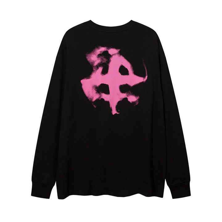 A Men's Dark Color Graffiti Printing Long-sleeved T-shirt crafted from soft cotton fabric, featuring a striking pink abstract design on the front. Make sure to check the size chart for your perfect fit. This stylish piece is brought to you by Maramalive™.