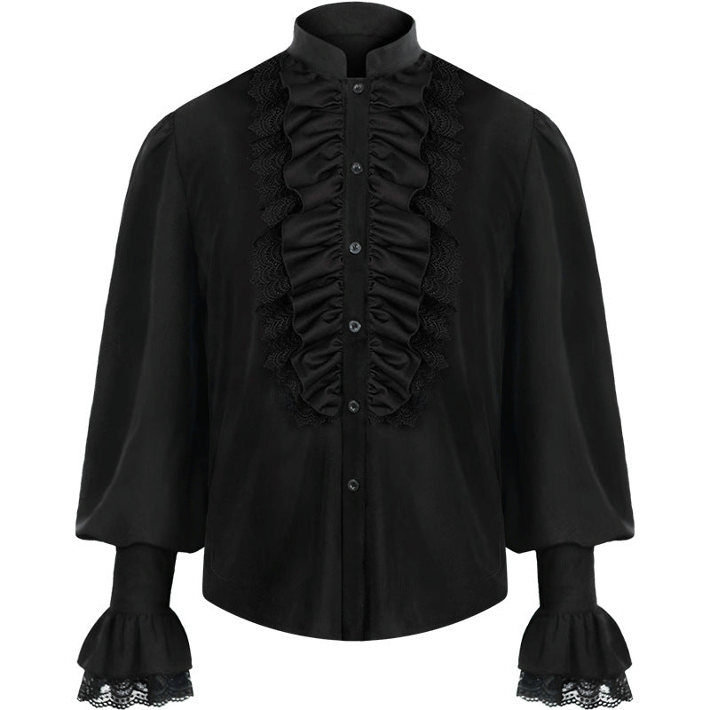 A solid color shirt, this Maramalive™ Men's Pleated Pirate Shirt Medieval Renaissance Cosplay Costume Steampunk Top features long puffed sleeves, ruffled front details, and lace trim on the cuffs. Made from a polyester fiber blend, it has a button-down front and a stand-up collar.