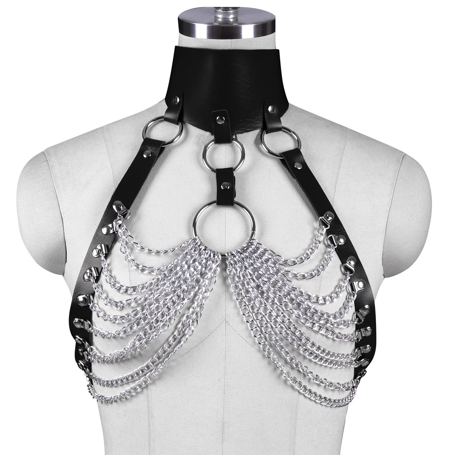 A Maramalive™ mannequin with a Punk Gothic Body Leather Strap Jewelry around her neck.