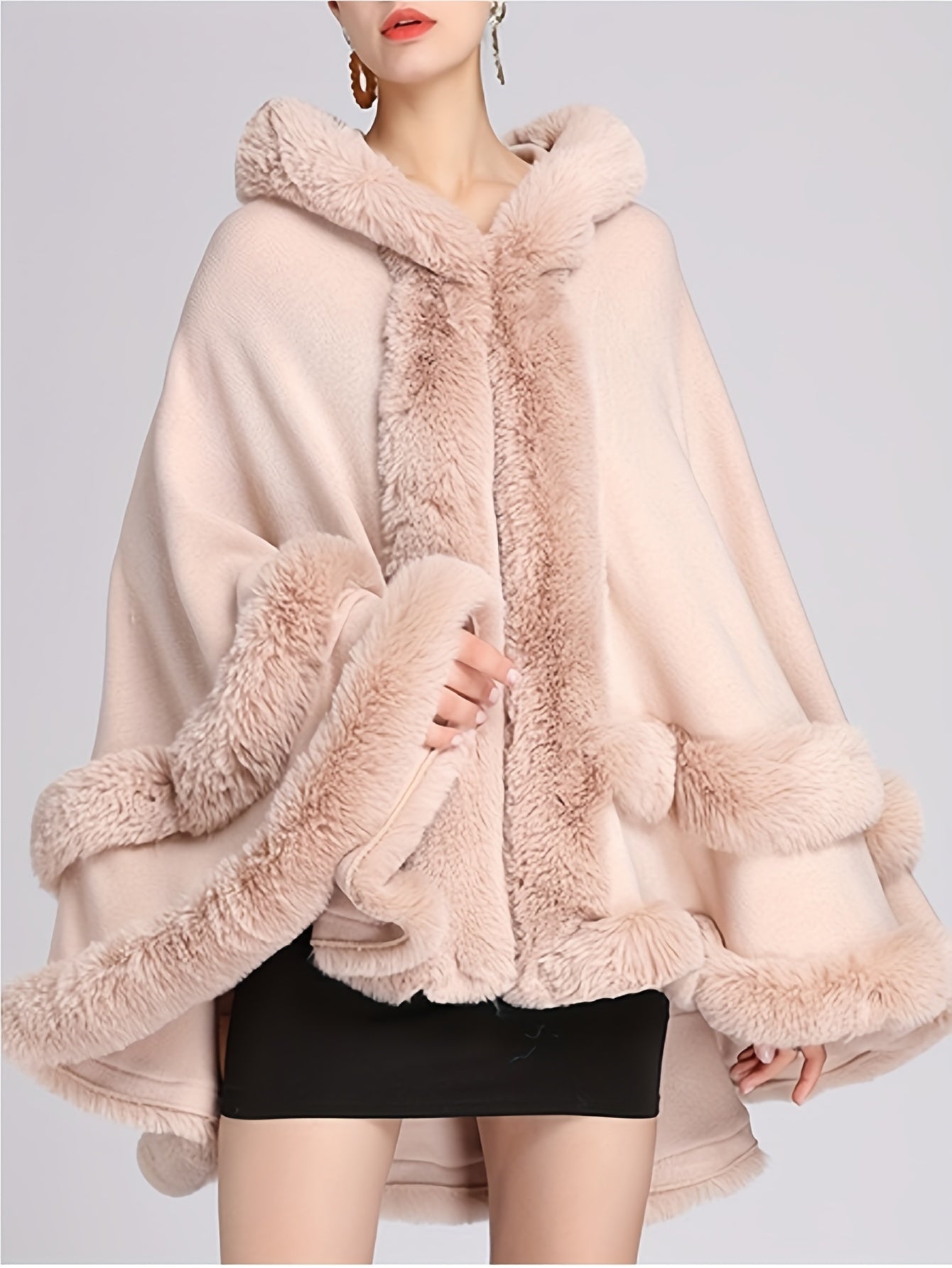Solid Faux Fur Trim Cape, Elegant Thermal Tiered Cape For Fall & Winter, Women's Clothing