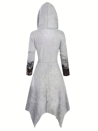 Gothic Graphic Print Drawstring Hooded Dress, Casual Long Sleeve Dress For Spring & Fall, Women's Clothing