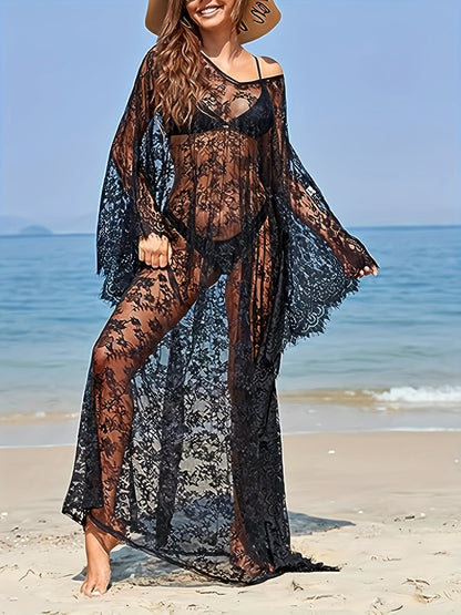 Plus Size Sexy Cover Up, Women's Solid Black See Through Lace Batwing Sleeve Tie Back Loose Fit Maxi Beach Kaftan Dress Without Bikini