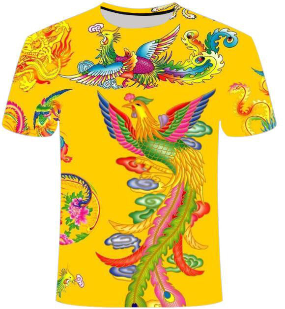 A bright yellow 3D Printed Men's Crew Neck Casual T-shirt adorned with colorful, intricate phoenix and dragon designs from Maramalive™, crafted from soft Polyester Fiber and brought to life through vibrant digital printing.