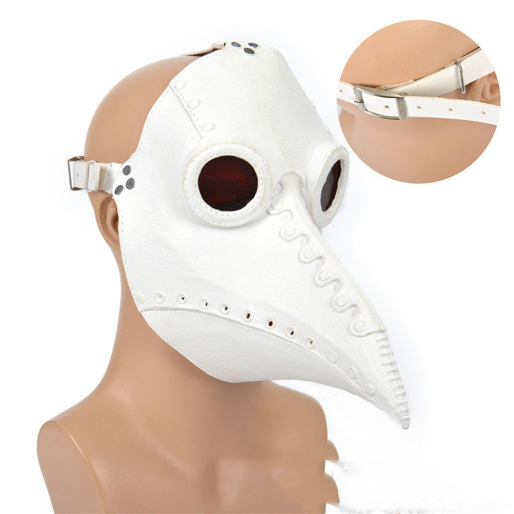 A Maramalive™ Halloween New Product Steampunk Plague Doctor Beak Mask with black color, red eyes and spikes.