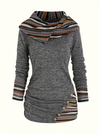 A Maramalive™ Plus Size Retro Top, Women's Plus Colorblock Geometric Print Hooded Long Sleeve Button Decor Slim Fit Slight Stretch Top. The tunic features a side button placket and ruched detailing on one side for added style. Made from soft polyester for comfort throughout the day.