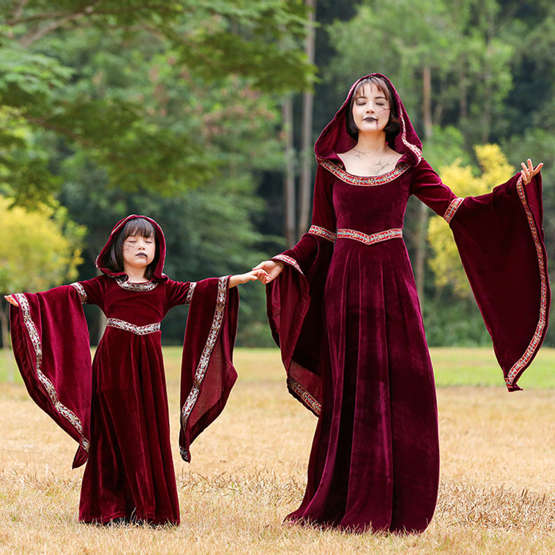 A woman and a child dressed in Maramalive™'s Halloween Retro Little Red Riding Hood Vampire Witch Costume.