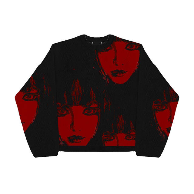 A black, loose fit sweater featuring a repeated pattern of red and black stylized faces. Perfect for couples sweaters or any anime sweater enthusiast, the Cozy Anime Couples: Loose Sweaters for Relaxed Duos by Maramalive™.