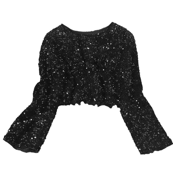 A fashionista's bed adorned with two Shimmery Sequined Crop Tops for dazzling style, including a luxurious Maramalive™ Cashmere Sequined Crop Top.