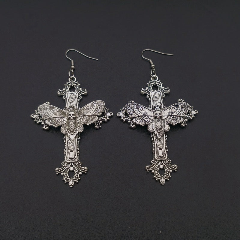 Cross Earrings Skull Moth Filigree Victorian Classical Gothic Style