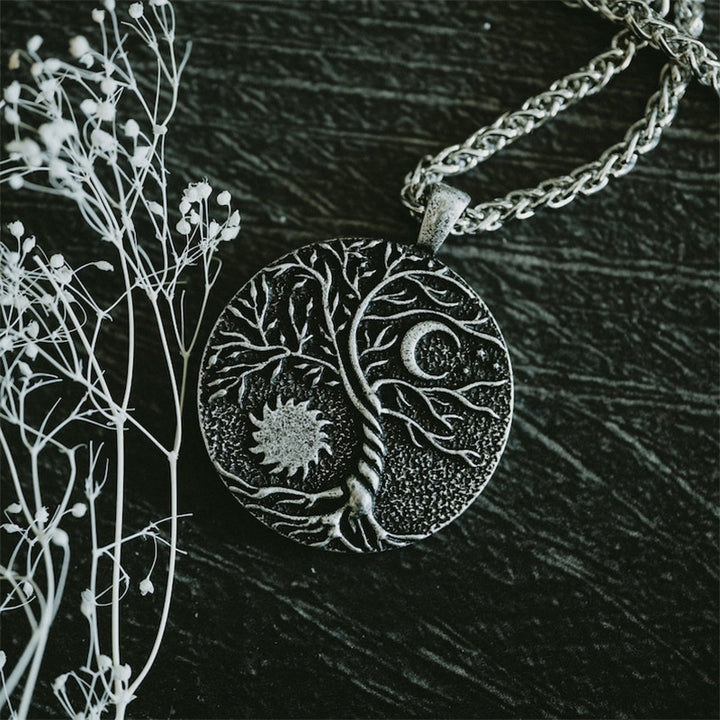 Sun Moon Delicate Pendant Necklace Locket - Tree of Life Medallion