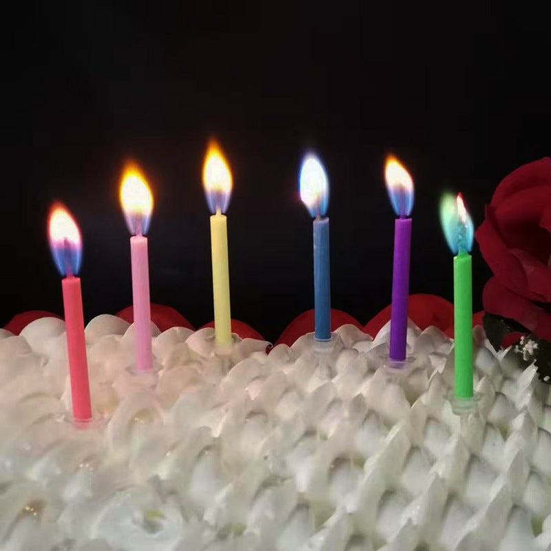 A cylindrical Maramalive™ birthday cake with Flame Birthday Party Cake Creative Candles on it.