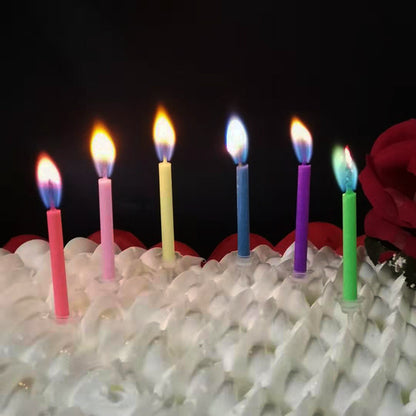 A cylindrical Maramalive™ birthday cake with Flame Birthday Party Cake Creative Candles on it.