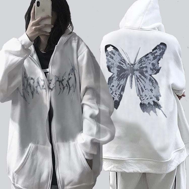 Two views of a versatile Comfy Zipper Hoodies for Fall: Hooded Sweatshirts & Sweaters by Maramalive™: front view with abstract text design and back view with a large butterfly graphic. Person in front view holds a phone, partially covering their face. This autumn companion is perfect for any casual outing.