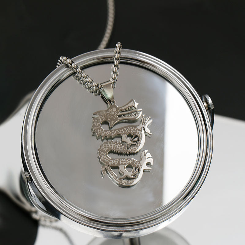 A Steel Dragon Necklace on a silver chain, Maramalive™.