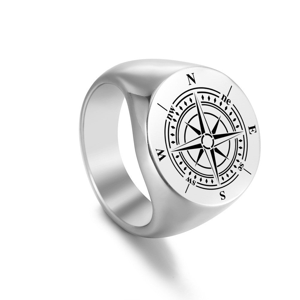 Stainless Steel Marking Silver Compass Ring