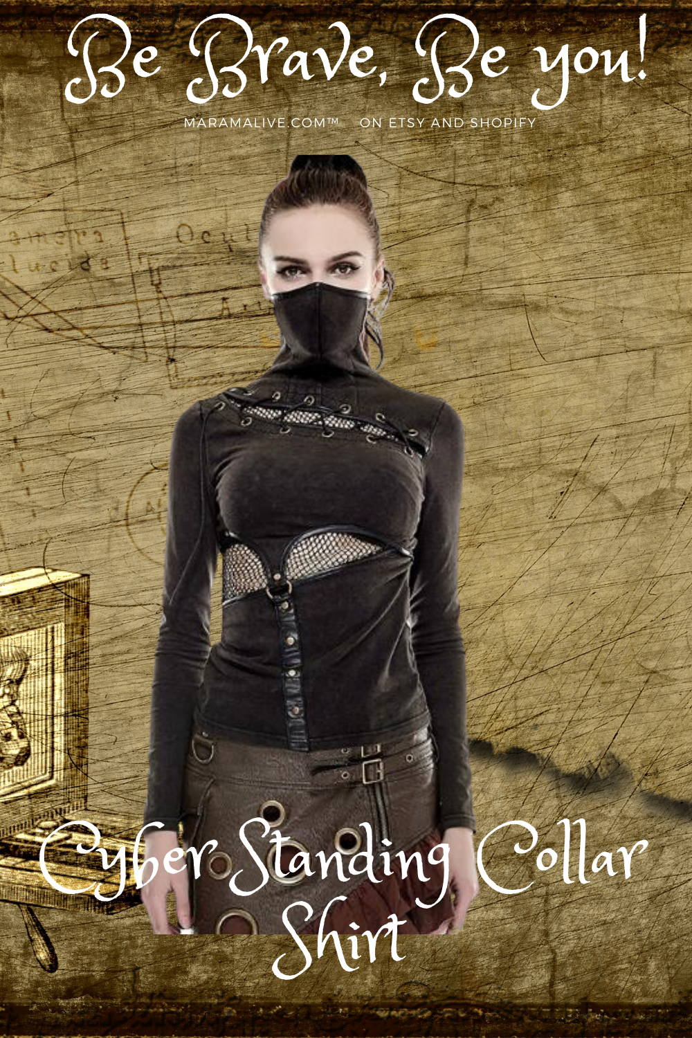 A woman in a Maramalive™ Cyber Steampunk Gothic Stand Collar T-Shirt with a black cat on it.