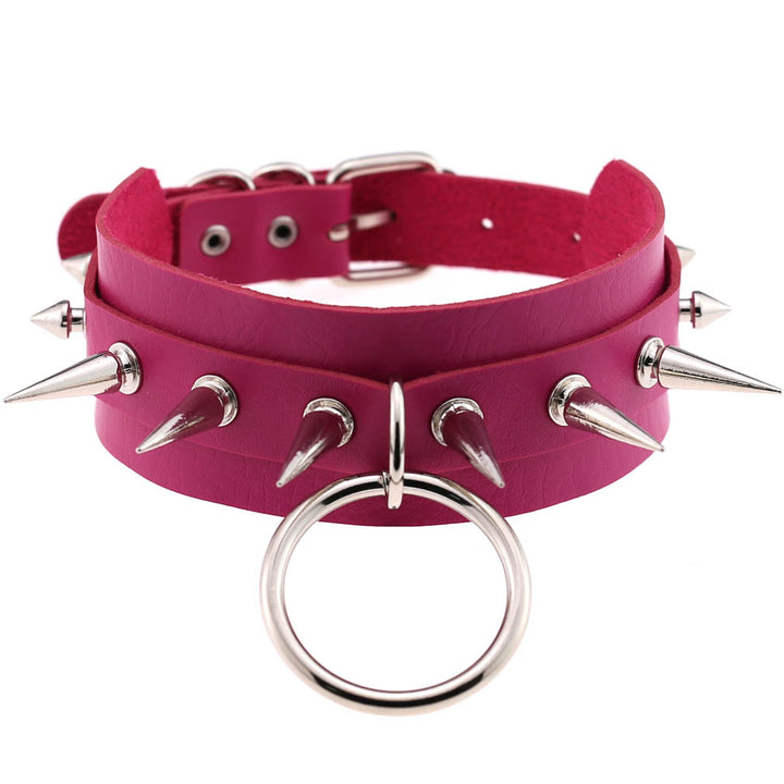 A variety of Maramalive™ Punk Gothic Leather Horn Rivet Collar Personalized Hanging Ring Plus Lock Neck chokers with chains made from PVC leather.