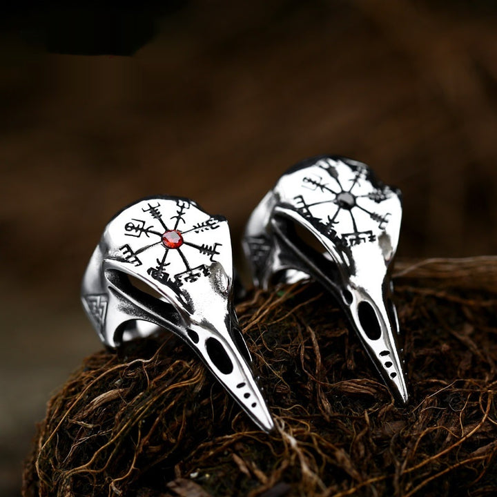 A Viking Crow Inlaid Jewel Vintage Compass Titanium Steel Men's Ring featuring a silver compass by Maramalive™.