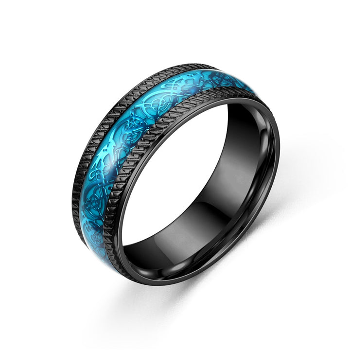 Two Stainless Steel Dragon Rings - 8mm Men's with blue and black designs by Maramalive™.