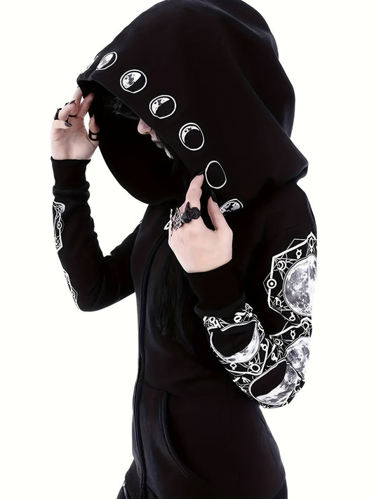 Person wearing a Maramalive™ Plus Size Gothic Sweatshirt, Women's Plus Moon Print Long Sleeve Zipper Slight Stretch Hoodie With Pockets, looking down and holding the hood.