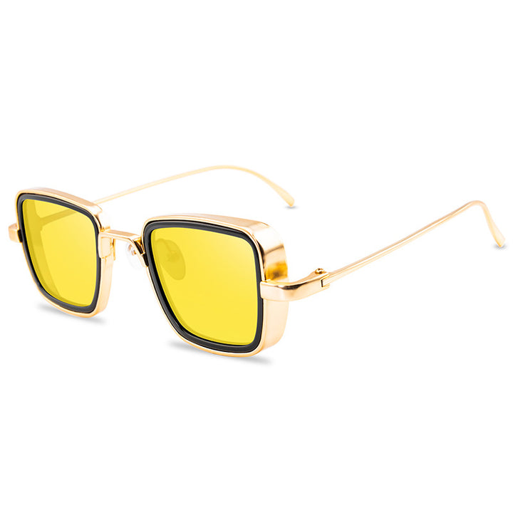A pair of Maramalive™ Block Out the Sun in Retro-Cool Style Trend Vintage Square Sun Glasses with yellow lenses on a white background.