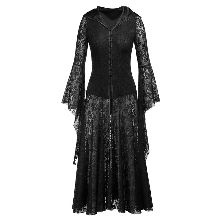 A woman wearing a Maramalive™ Women's Gothic Vintage Lolita Black Lace Dress.