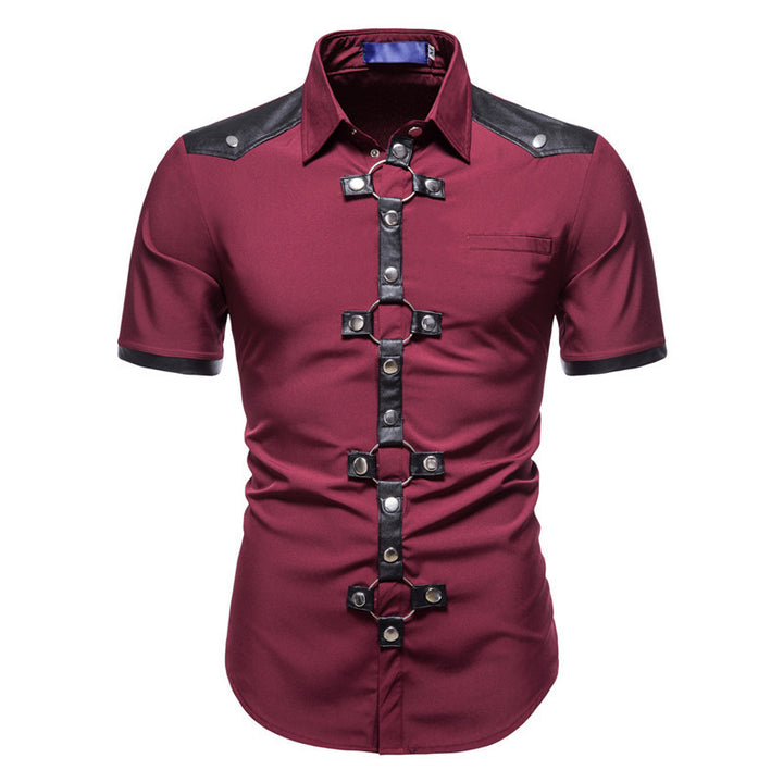 Maramalive™'s New European And American Men's Gothic Style Rivet Leather Patchwork Short-sleeved Shirt Simple Fashion Costume with metal buttons in large sizes and color matching.