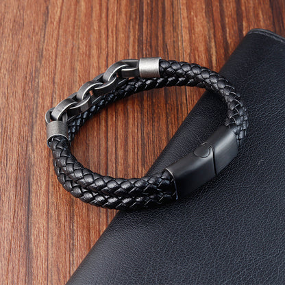 A Genuine Black Leather Chain Bracelet Magnetic Buckle with a stainless steel clasp by Maramalive™.