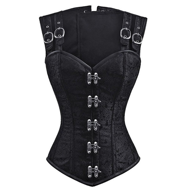 A red and black Ladies Gothic Punk Steel Double Button Strap Shaper with buckles and straps by Maramalive™.