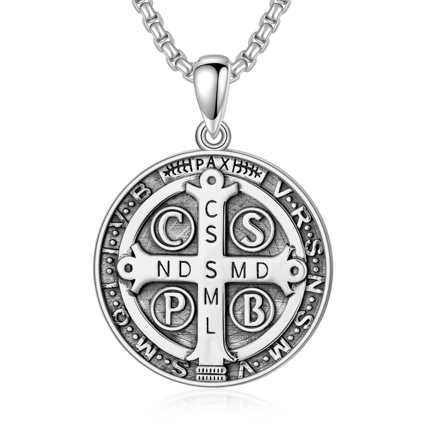 Saint Benedict Necklace NR Cross Catholic Protection Pendant Coin 925 Sterling Silver Jewelry Gifts for Men Women