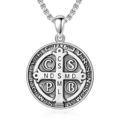 Saint Benedict Necklace NR Cross Catholic Protection Pendant Coin 925 Sterling Silver Jewelry Gifts for Men Women