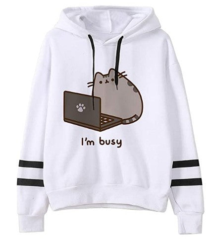 Maramalive™ Cozy Loose Fit Hoodies for Snug, Comfortable Warmth featuring a cartoon cat using a laptop with the text "I'm busy." Crafted from soft fleece fabric for a cozy and comfortable feel. Includes black drawstrings and two black stripes on each sleeve.