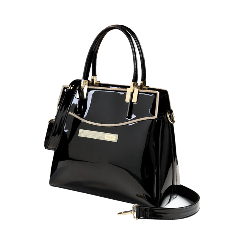 A burgundy patent leather shoulder messenger bag with gold hardware, brand name Maramalive™.